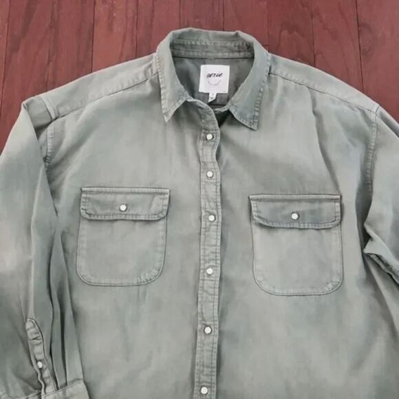Aerie Anytime Fave Shirt, Sage Green, Size XL - Picture 4 of 10